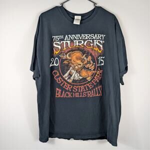 75th Sturgis Rally 2015 2XL Gildan T-Shirt Mens Black Graphic Tee Front Back